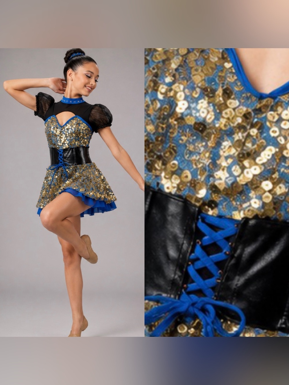 Glamour solo dance costume blue faux leather lace up dress XLC child SA NWT